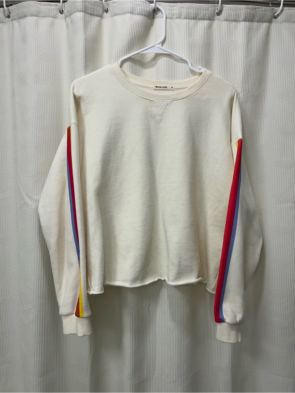 Marine Layer Ivory Crew Sweatshirt with Red, Blue & Yellow Sleeve Stripes